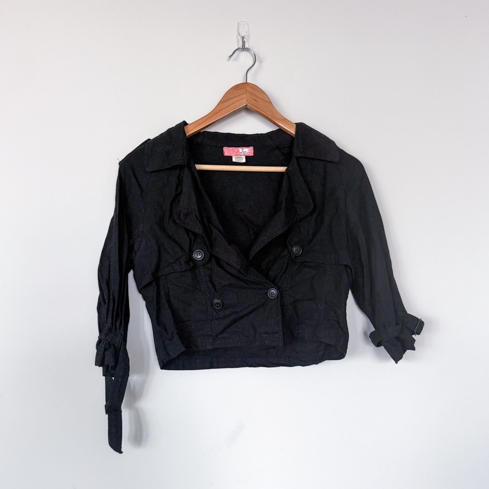 Vintage Y2K Cropped Trench Blazer Black Jacket VTG LUX XS Cuffed Sleeves Button